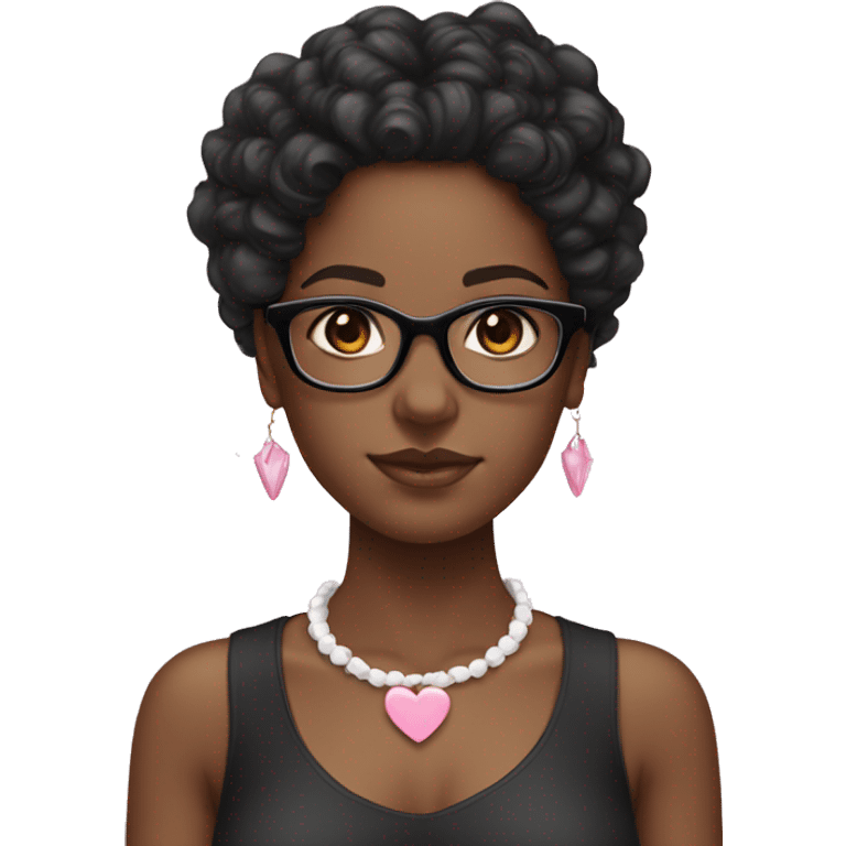 Black girl with black curly hair and a white top, clear glasses, pink hair bow, white hear necklace  emoji