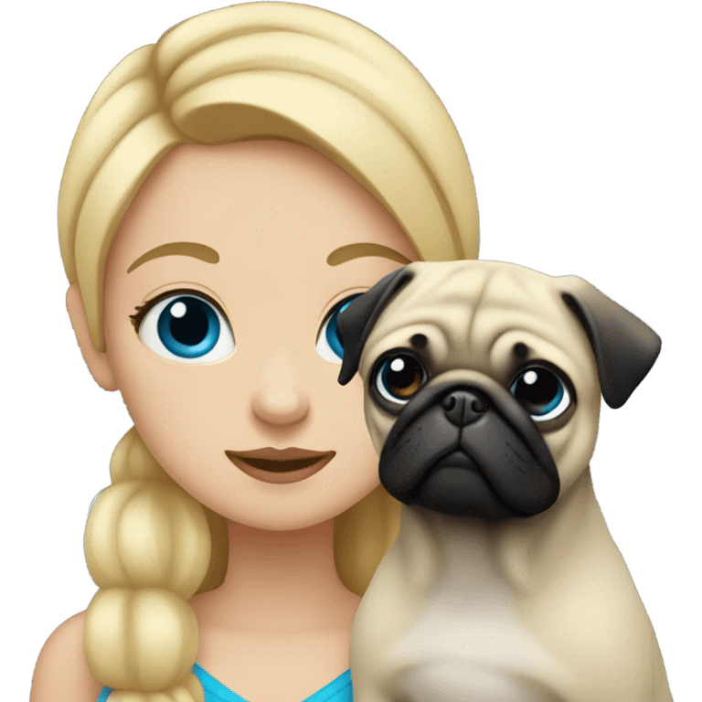 Girl with blonde hair and blue eyes holding a black pug emoji