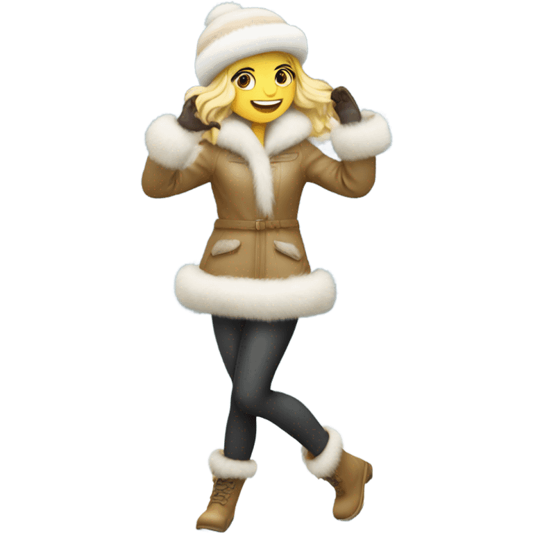 blonde girl in a fur hat dancing in the snow full body emoji