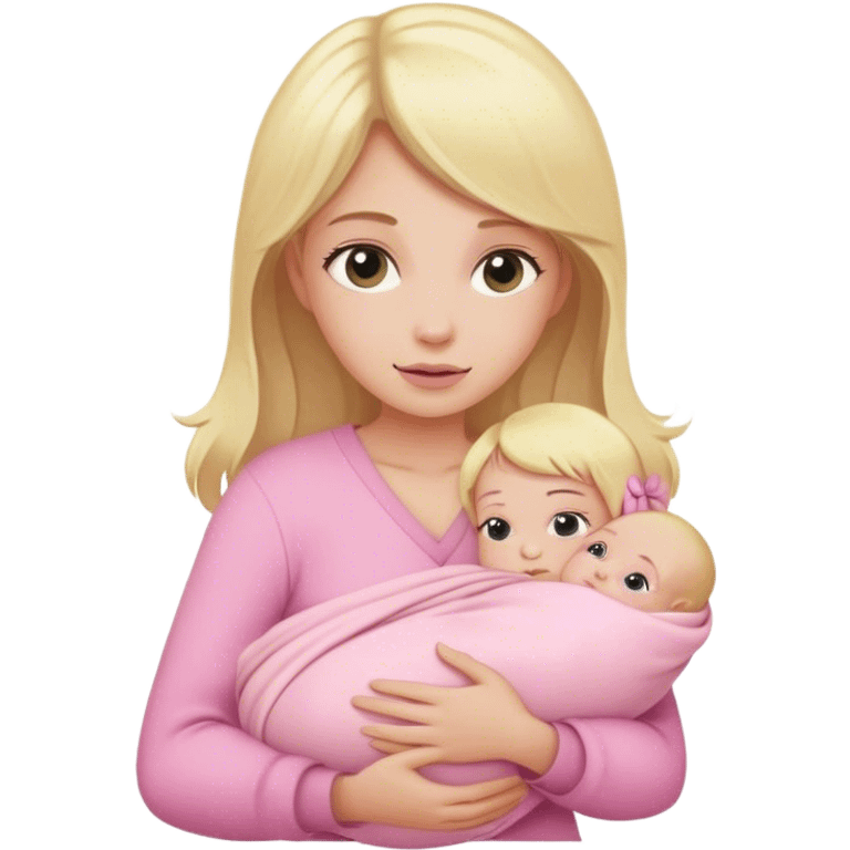 Blonde girl holding a new born baby while the baby is wrapped in pink. emoji