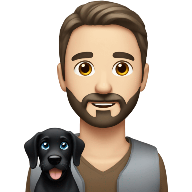 man with dark hair blue eyes beard and mustache holding black Labrador  emoji