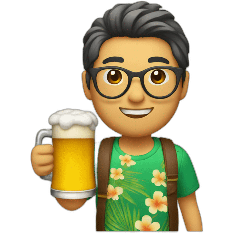 Japanese wearing roundglasses alohashirt is holding beer emoji