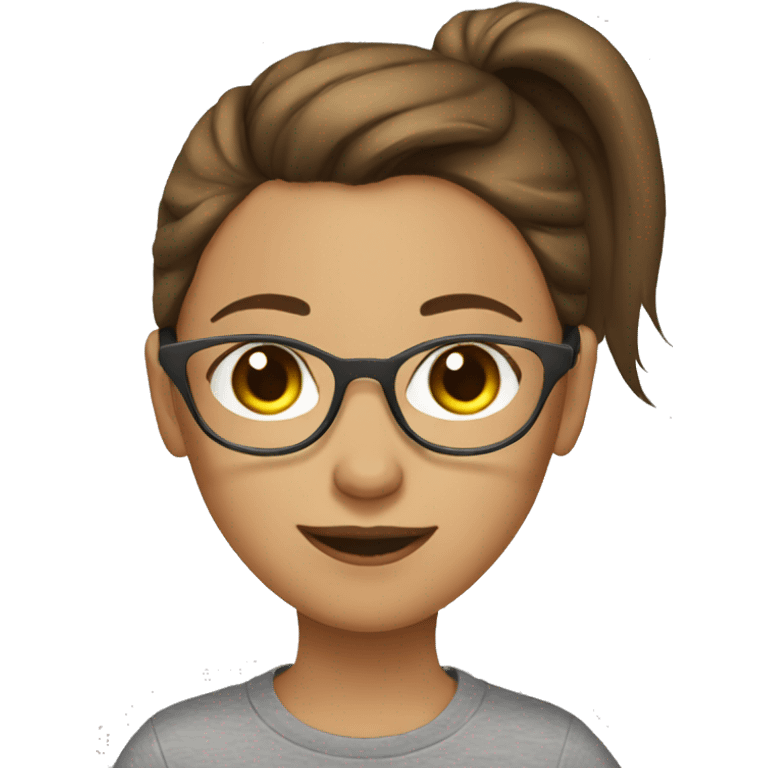 brown haired girl with ponytail wears glasses and wears a gray t-shirt emoji