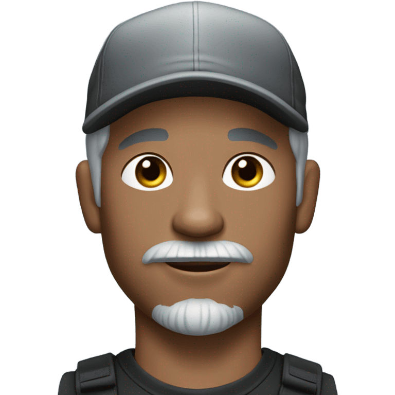 blue eyed man, with grey hair and grey goatee, wearing ball cap, holding long hair black chihuahua emoji