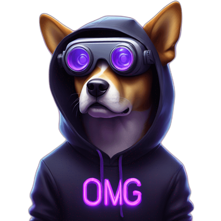 Russian dog wearing a black hoodie with "OMG" letters on it and VR headset in a cyberpunk VR environment with violet neon lighting. emoji