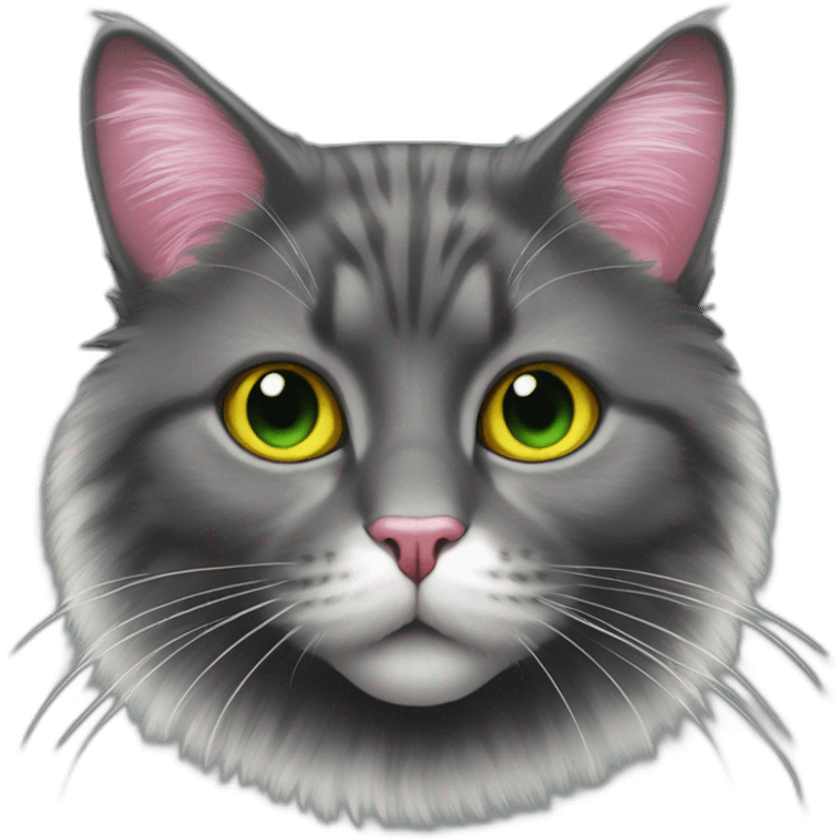 fluffy dark grey cat with pink nose, white round spots near the nose, yellow-green eyes and white long whiskers emoji