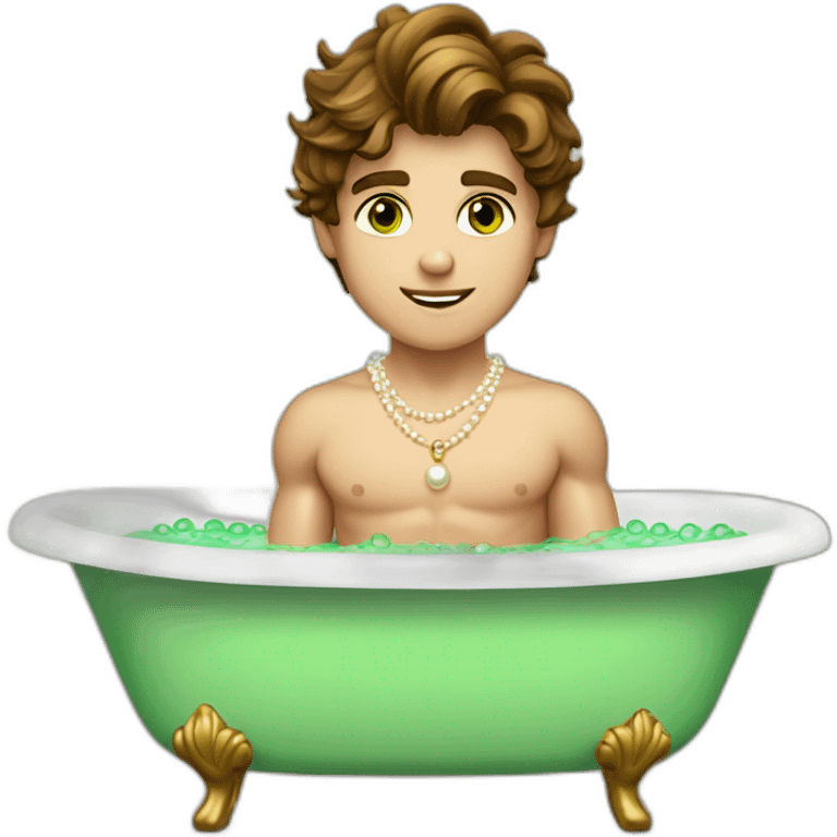 Posh-muscle-boy-brown-hair-green-eyes-pearl-necklace-in-golden-bathtub-legs emoji