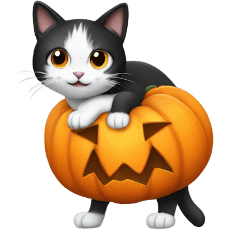 black and white cat, wearing pumpkin costume emoji