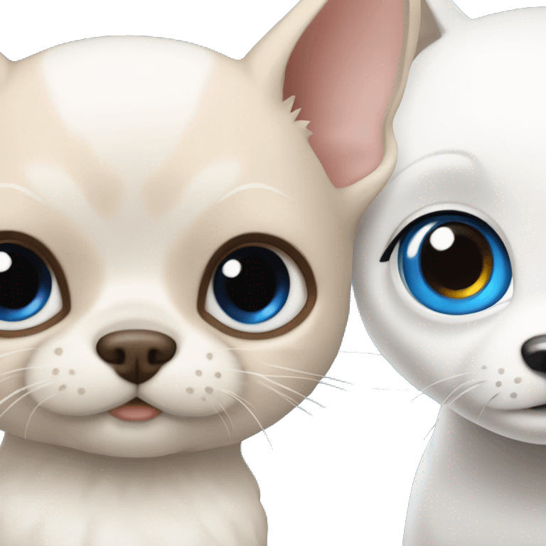 white cat with blue eyes standing next to tan chihuahua with dark eyes  emoji