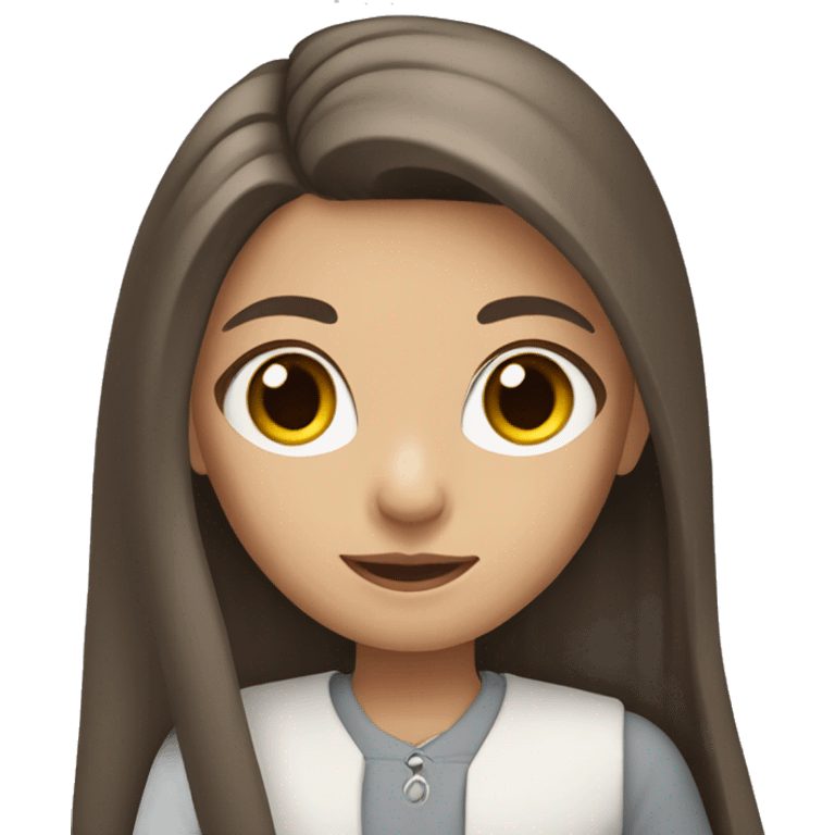 Young girl with long straight brown hair holding a gray catc emoji