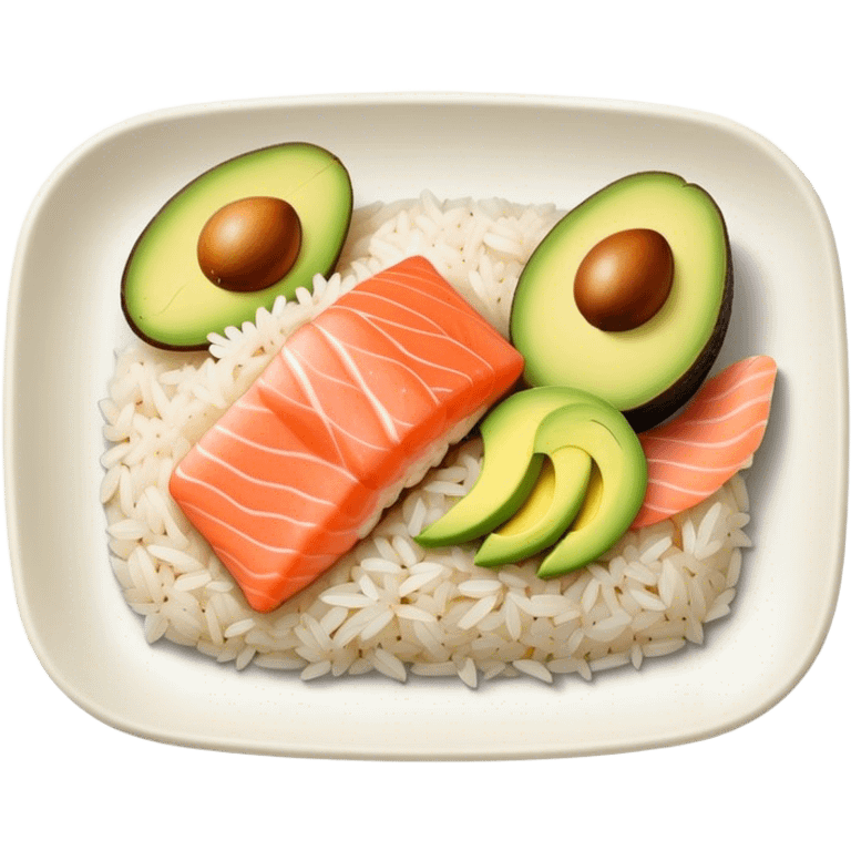 a biodegradable rectangular plate, contains rice, avocado, salmon emoji