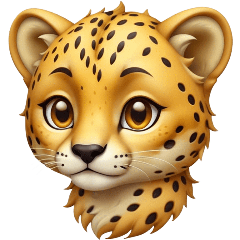 Cinematic Cute Cheetah Portrait Emoji, Head tilted playfully and inquisitively, featuring a glossy, golden spotted Fur with a natural sheen, round, sparkling amber eyes filled with curious mischief, Simplified yet irresistibly adorable features, highly detailed, glowing with a warm, friendly glow, high shine, affectionate and agile, stylized with a touch of savannah whimsy, bright and endearing, soft glowing outline, capturing the essence of a mischievous yet loving cheetah, so playful it feels like it could dash out of the screen and into your arms! emoji