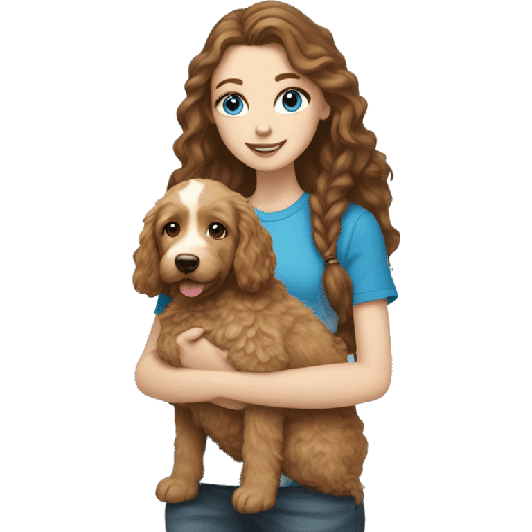 white girl with long brown hair and blue eyes holding a golden doodle puppy  emoji