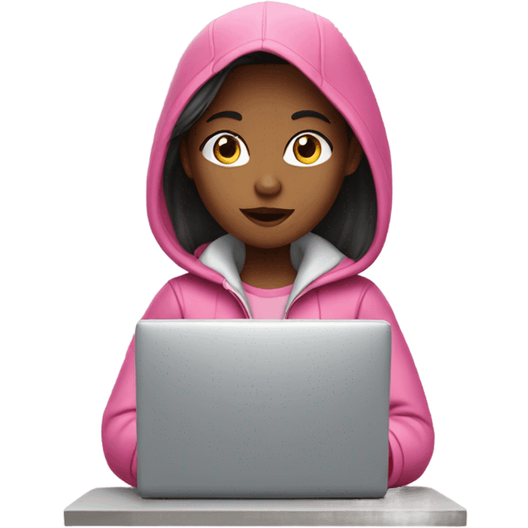 girl in pink jacket looking at computer emoji