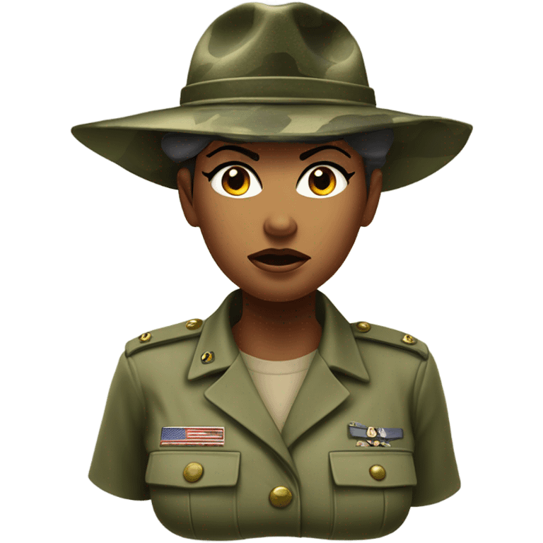 a female drill sergeant character wearing a classic sergeant hat and a camouflage army shirt. The character should have an angry intense expression. full torso emoji