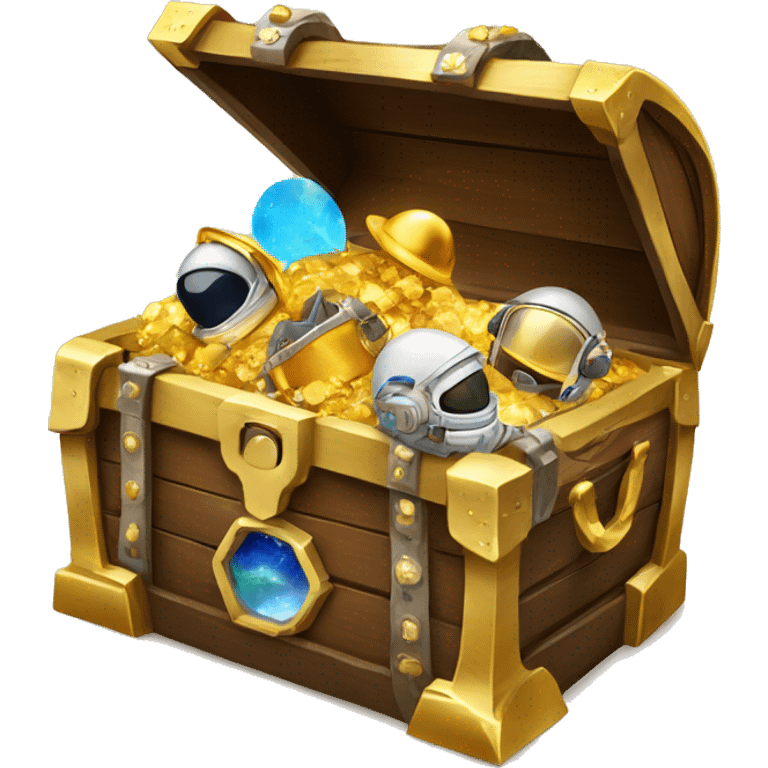 Open Treasure chest with astronaut helmets, gold,gems and some space themed items inside emoji