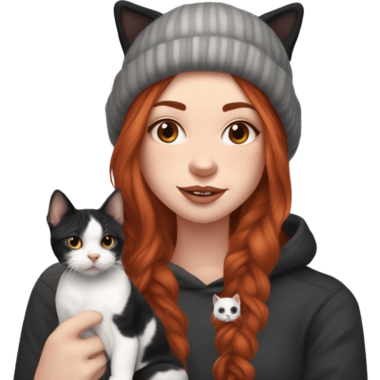 Long Red haired woman in beanie with septum piercing holding black and white English Staffordshire puppy and tabby cat emoji