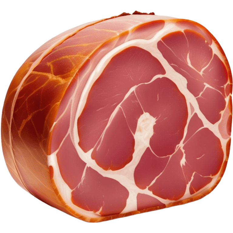 Jamón Serrano Cinematic Realistic Jamón Serrano Dish Emoji, depicted as a prominent leg of cured ham with visible marbling, rendered with rich textures and dynamic, appetizing lighting. emoji