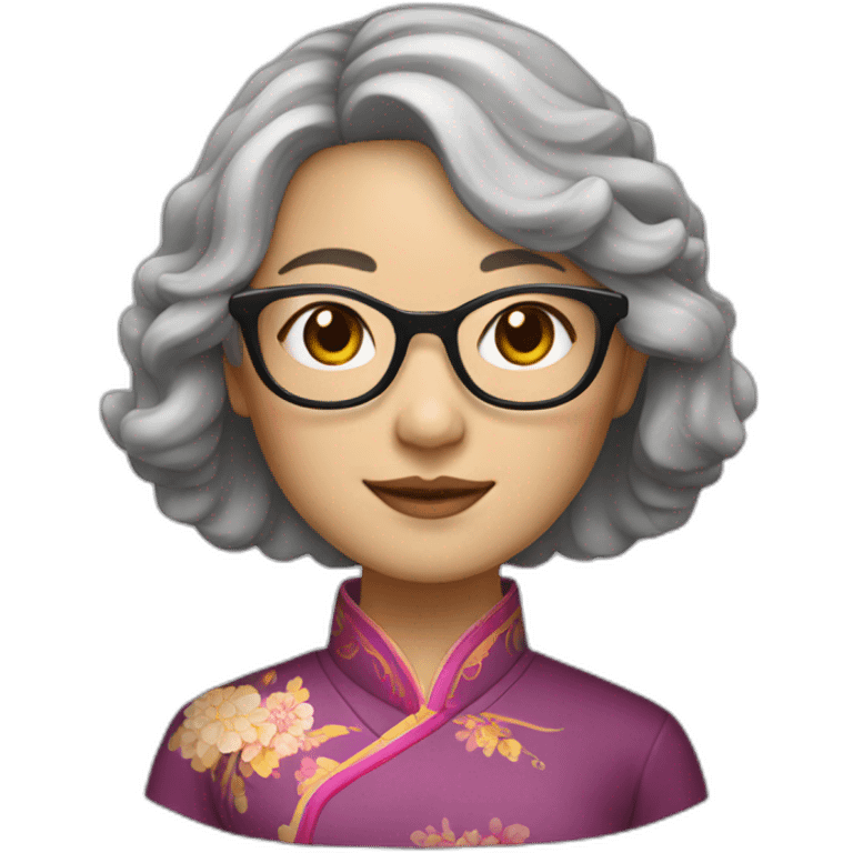 Chinese lady with shoulder length very lightly grey waves hair wear glasses with Chinese dress emoji