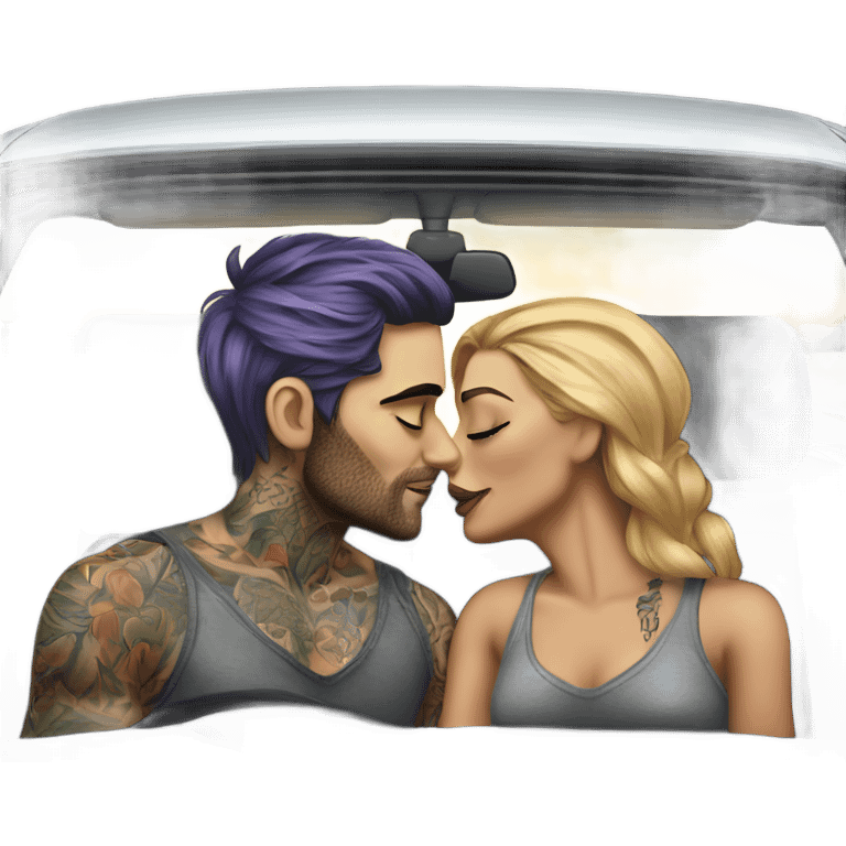 Hyper Realistic gorgeous woman and handsome tattooed man kissing in the front seat of a car emoji