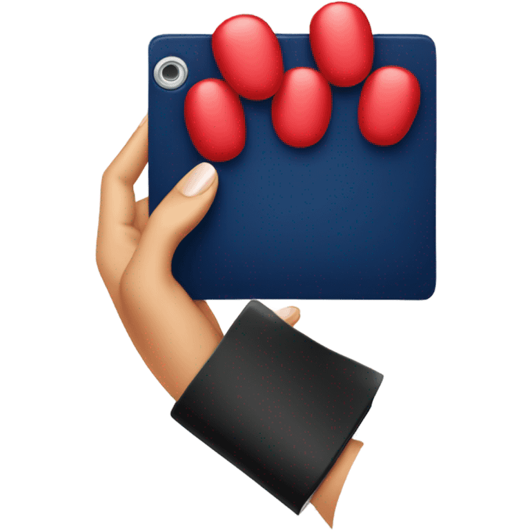 a female hand with a red manicure holds a dark blue notepad emoji