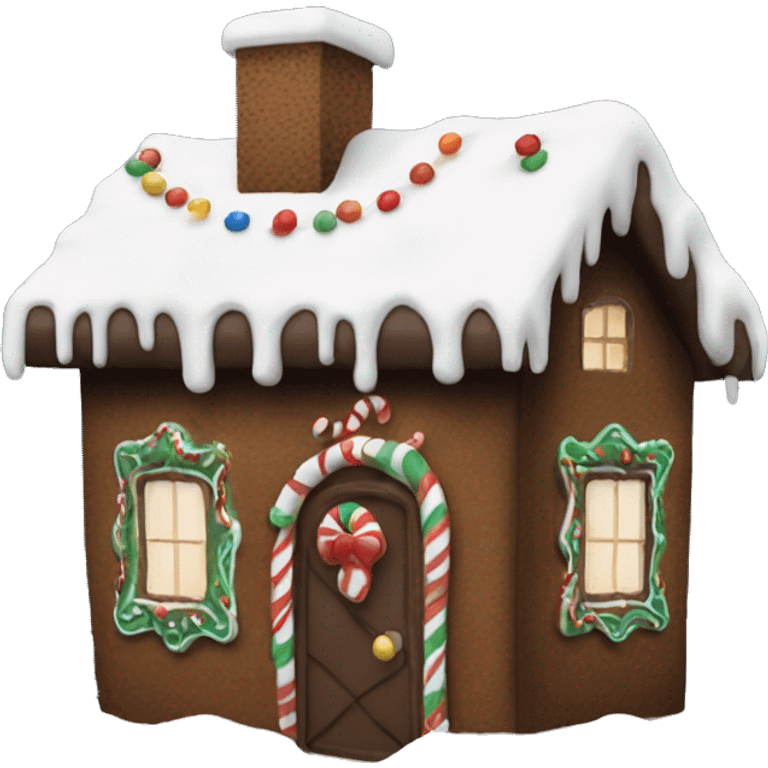 A dark brown gingerbread house with some snow on it and Christmas decorations stuck to the house. emoji