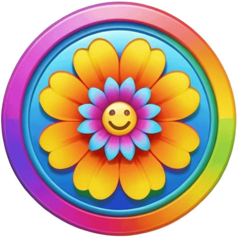 A round psychedelic colored button with bezeled edges and a rainbow colored flower in the center emoji