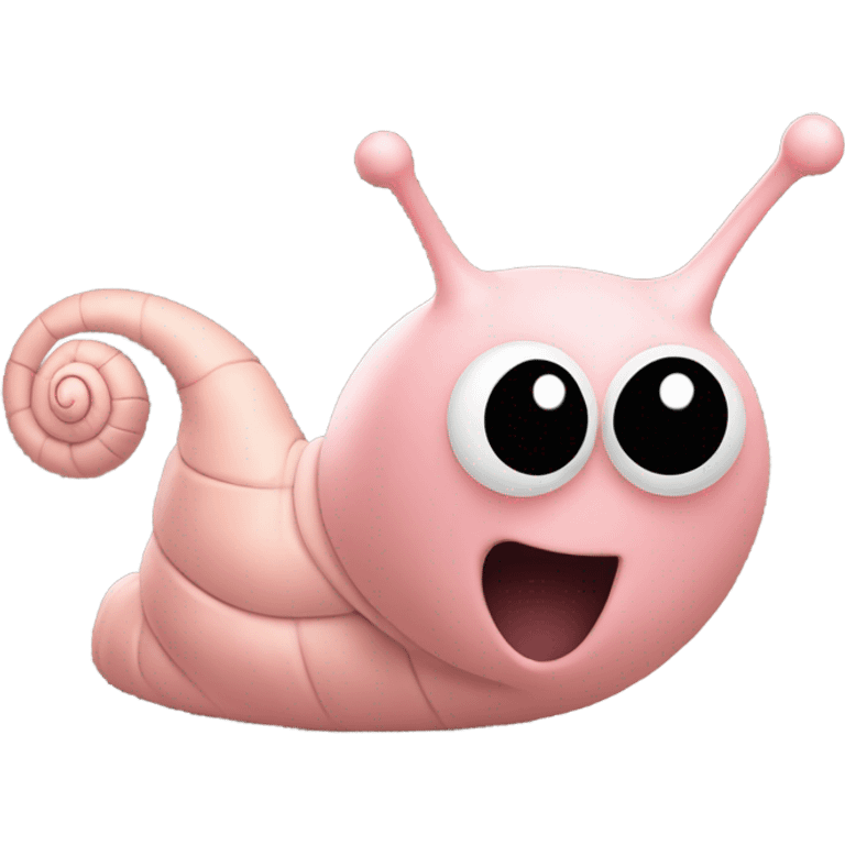 Snail is designed to look like she is made of light pink molding clay. She has black antennae and a simple face consisting of a pair of tiny black eyes and a smiling black mouth. Her shell is swirled on the inside. emoji