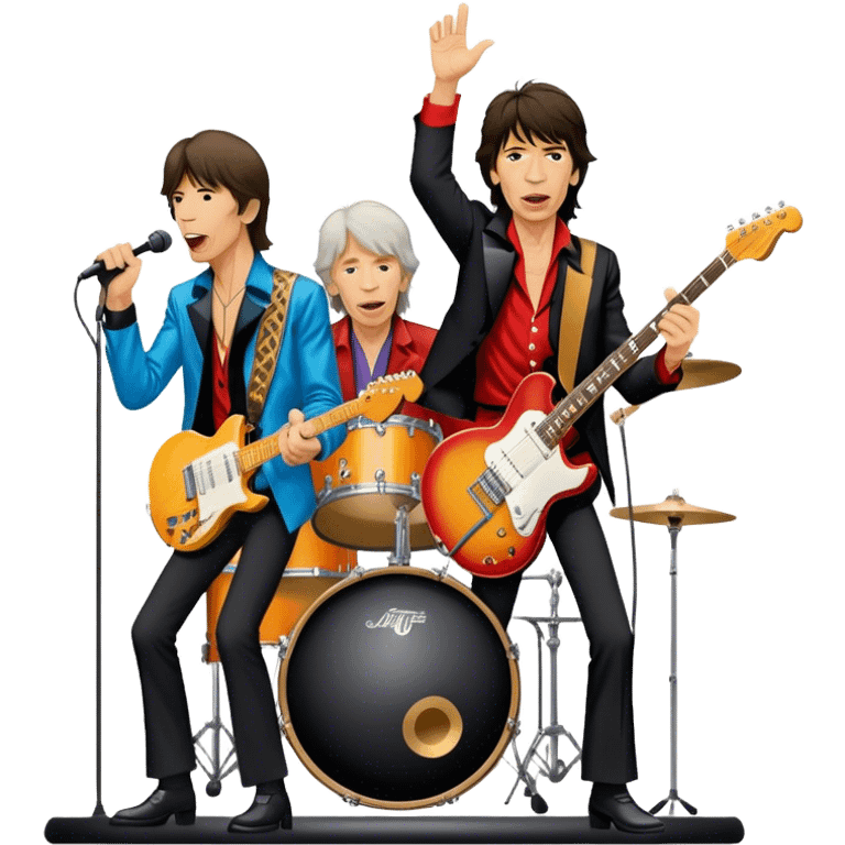 Icon for Rock Music: The Rolling Stones live on stage with Mick Jagger performing vocals, Keith Richards playing guitar, and Charlie Watts on drums. Iconic stage lights, electric guitars, and energetic crowd. Transparent background. emoji