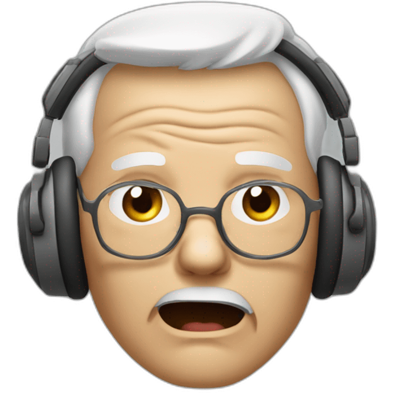 face of an elderly person with headphones on where you can see that only sound comes out from one side and the person is very angry emoji