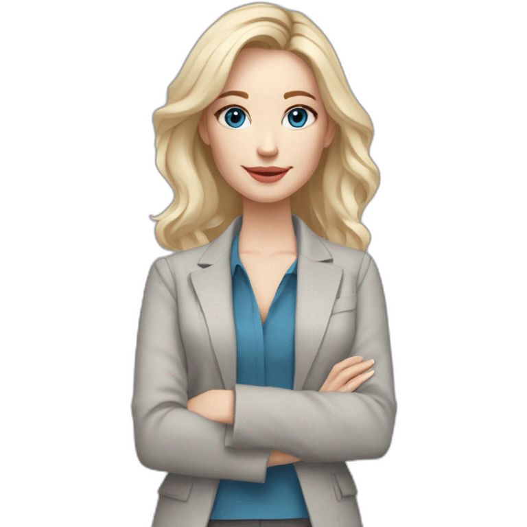 pale skin woman interior designer with cold blonde middle length hair, blue eyes, White blouse, Gray oversize jacket, Gray skirt holding a color palette in the hands emoji