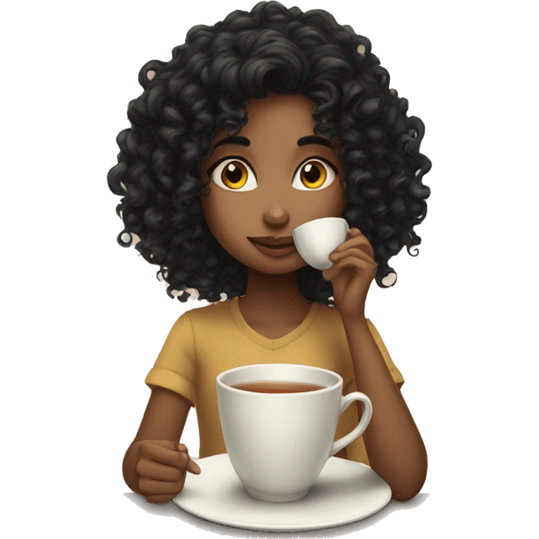 Girl sipping tea with black hair curly emoji