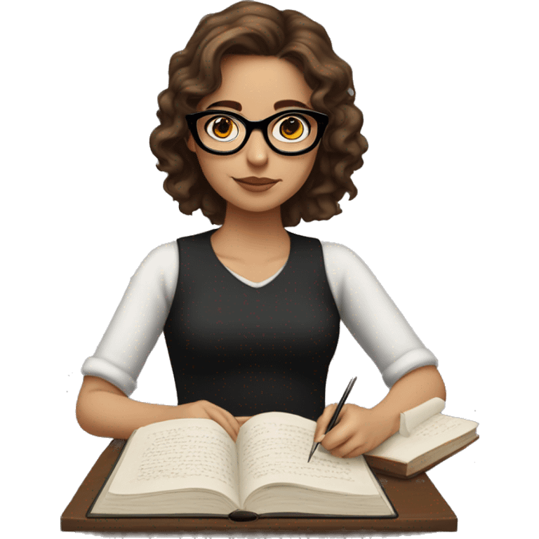 A girl with brown hair and black glasses writting a novel emoji