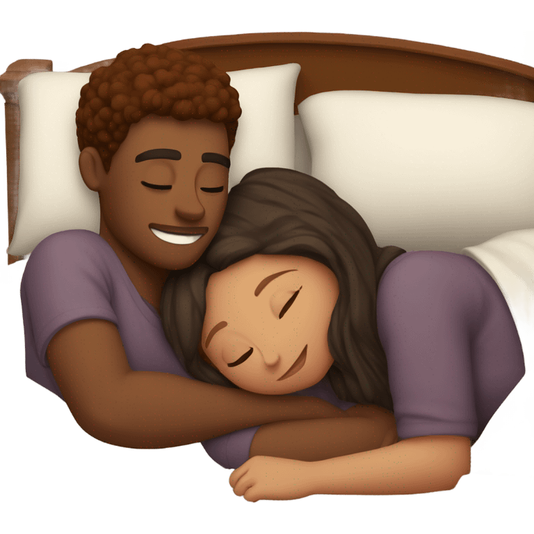 Burgundy haired girl and brunette boyfriend cuddling in bed emoji