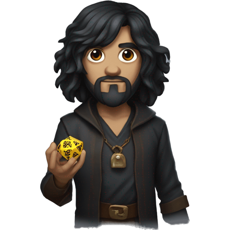 Long dark hair dungeon master holding a D20 dice emoji