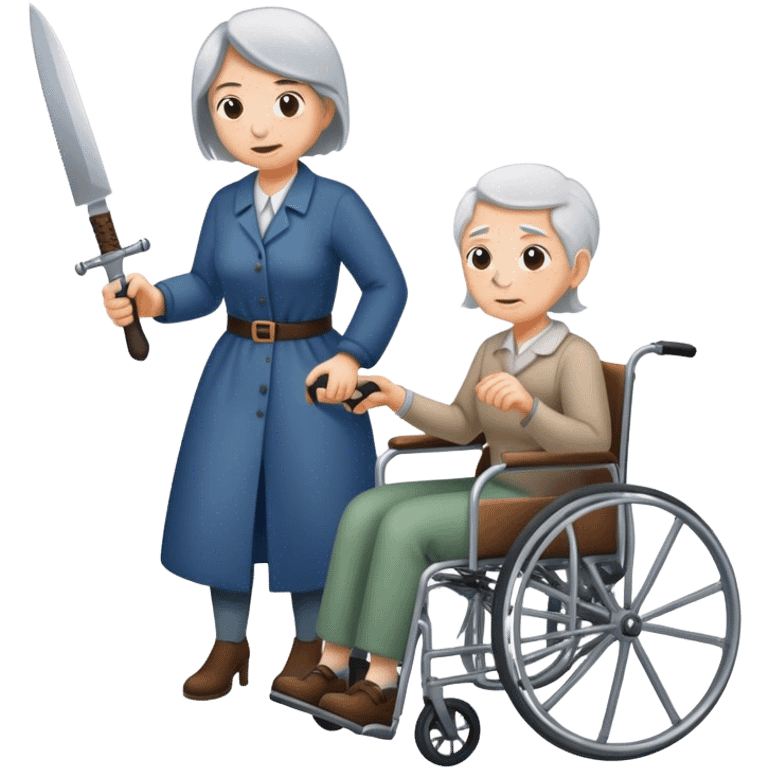 Woman with a knife in one hand, pushing with the other a wheelchair with an old man emoji