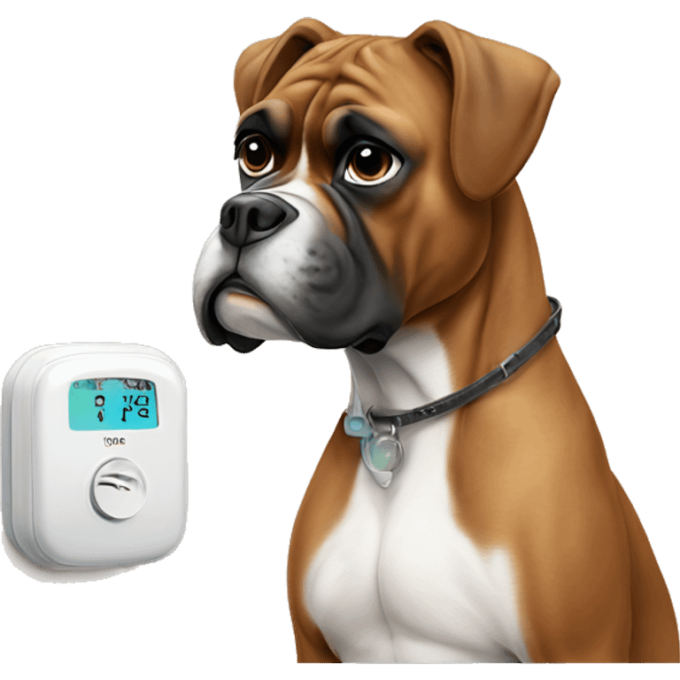 Boxer dog with the thermostat in its mouth with tired eyes ￼ emoji