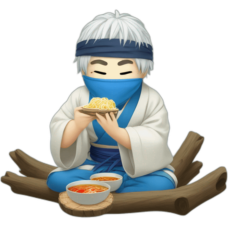 blindfolded man sitting on a log with white anime style hair and blue kimono eating ramen emoji