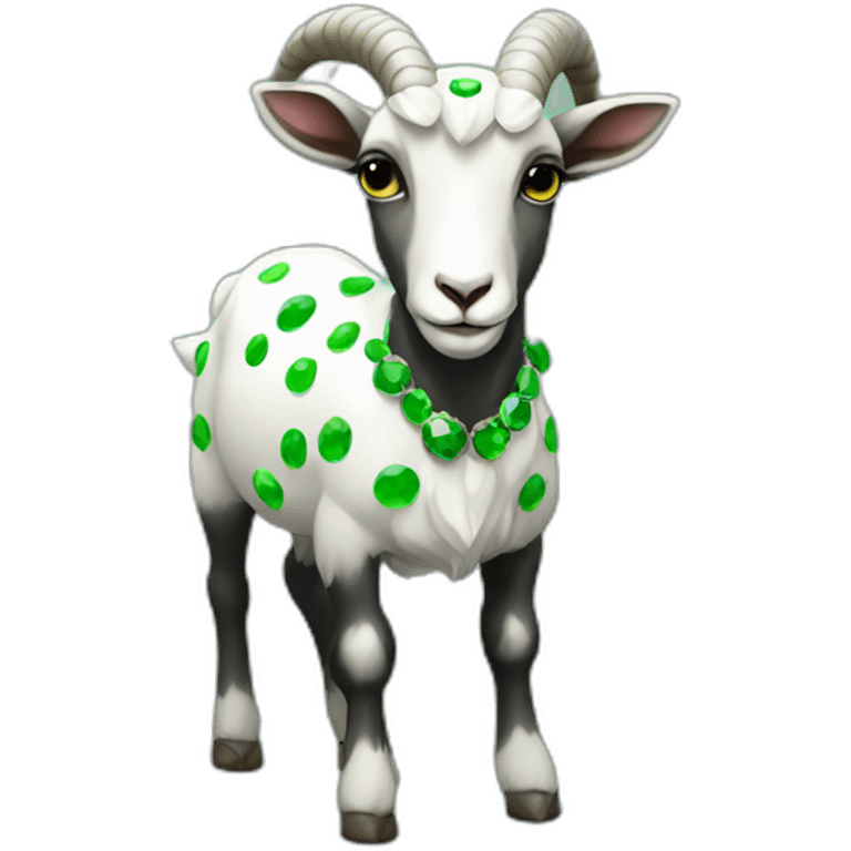 full body goat with diamond crown, colors black with dots greens emoji