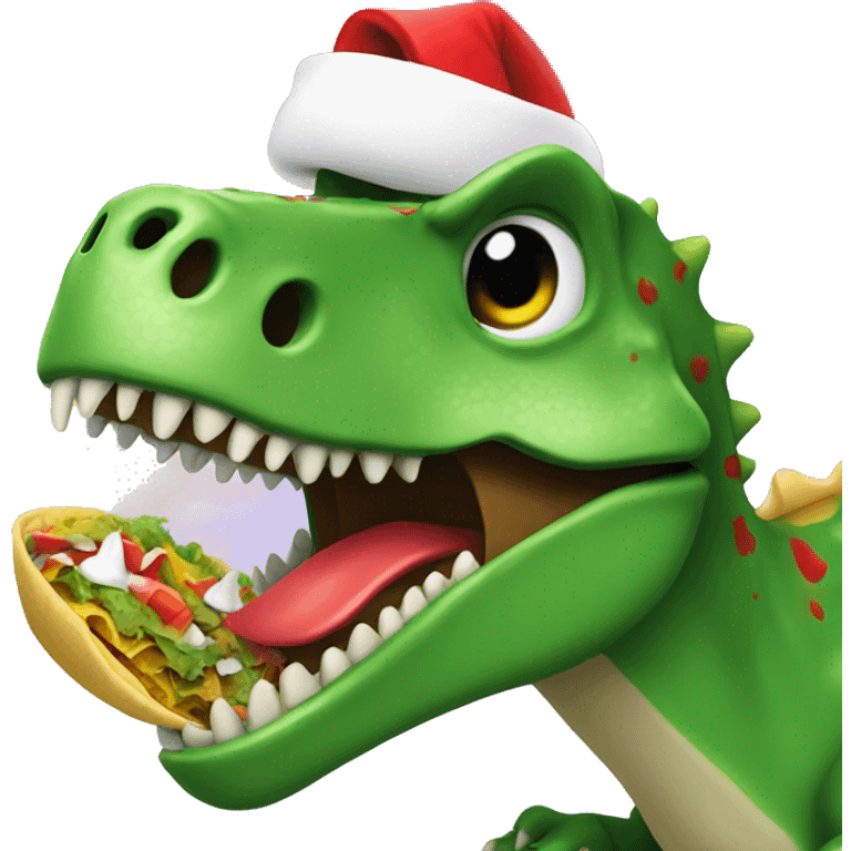 Green dino with santa hat eating taco emoji