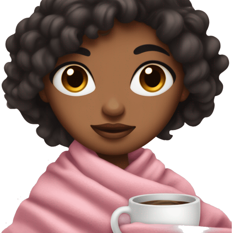 Brown skin girl with black silky hair with a cozy pink and white blanket on with brown eyes and coffe emoji