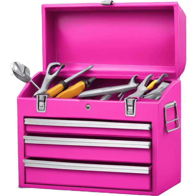 Realistic metallic hot pink tool box with top open and tools inside of it isolated.  emoji