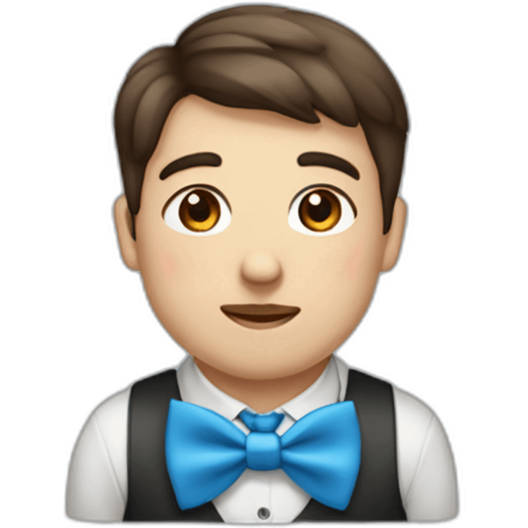 A young male tennager with big cheeks with a beauty spot on chin with a round face and very short brown hair and a mole on chin wearing a blue bow tie emoji