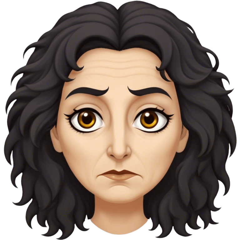 Mirri Maz Duur is a weathered, age 50 woman with deep-set dark eyes, high cheekbones, and a sharp nose, giving her a stern, knowing expression. Her long, unkempt dark frizzy hair  falls loosely over her shoulders emoji