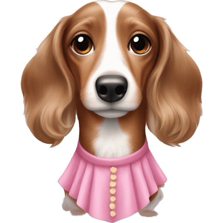 Dachshund dapple brown and white long hair with pink dress emoji