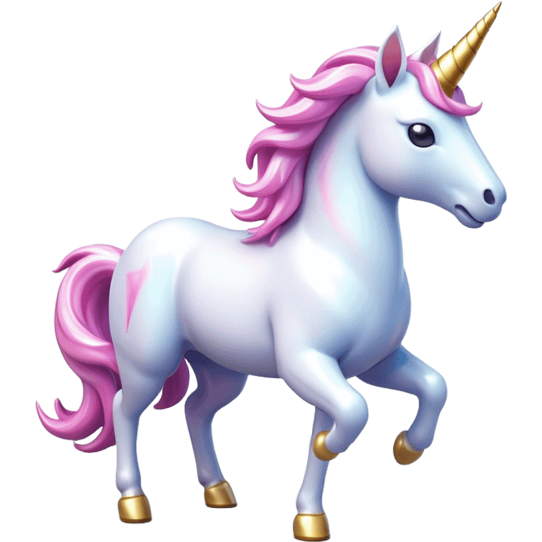 Clash of Clans aesthetic: Cinematic Playful Unicorn Mount Emoji, rendered in a 3D vector-style similar to standard emojis with minimal shading and bold, simplified shapes. A compact, isometric majestic unicorn with a spiraled horn and flowing mane, softly glowing with a magical celestial charm. Simplified yet unmistakably iconic, highly detailed and consistent, glowing with a soft radiant brilliance and high shine. Stylized with a touch of enchanted fantasy and a soft glowing outline, capturing the essence of a mythical mount with a friendly, playful elegance! emoji