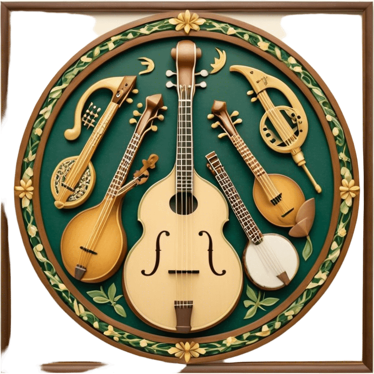 Design a complex and festive emblem-like emoji representing plucked string instruments, such as a banjo, mandolin, domra, sitar, and similar instruments. The composition should resemble a heraldic crest, with the instruments arranged symmetrically and gracefully, their necks intertwining with a flowing ribbon of musical notes. The ribbon should weave through the strings and headstocks, symbolizing the harmonious connection between the instruments. Use detailed engraving on the instrument bodies and fretboards to emphasize their craftsmanship. Incorporate rich, celebratory colors like gold, mahogany brown, deep green, and vibrant accents. Add subtle shading and light reflections to create a three-dimensional, polished look. Include ornate elements like swirls, laurel leaves, and decorative flourishes to enhance the festive and professional appearance. The background should be transparent to highlight the emblem as a standalone piece. emoji