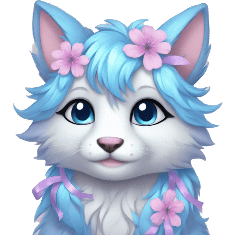 Anthro Cute Cool Pastel Kawaii gorgeous sparkly ethereal fantasy animal creature with blue eyes furry sona with flowers and ribbons beautiful aesthetic emoji