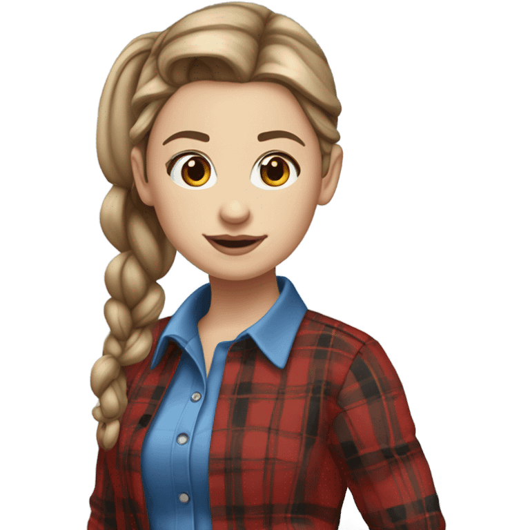 white girl with blue seater red plaid pants stud earing brown hair in pony btail emoji