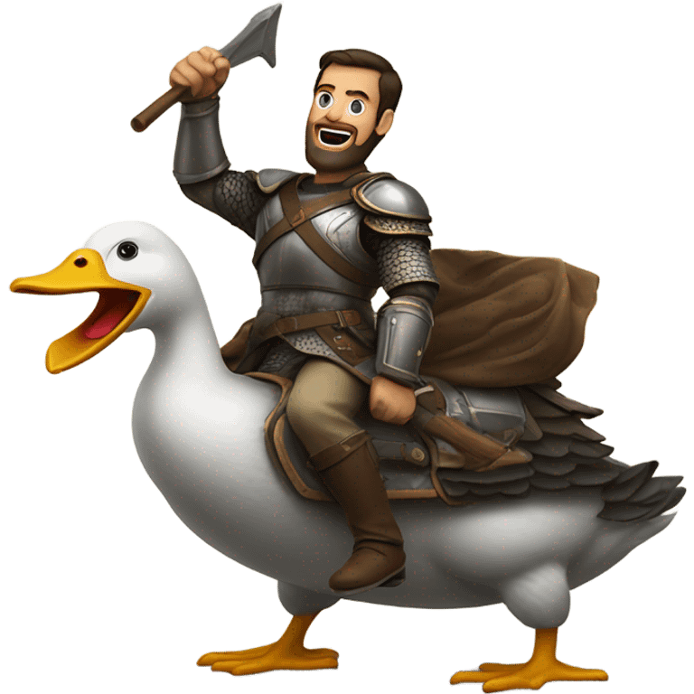 Confident armored White Man with dark brown hair and a short beard pointing forward with one arm yelling a battle charge while riding on the back of a giant duck emoji